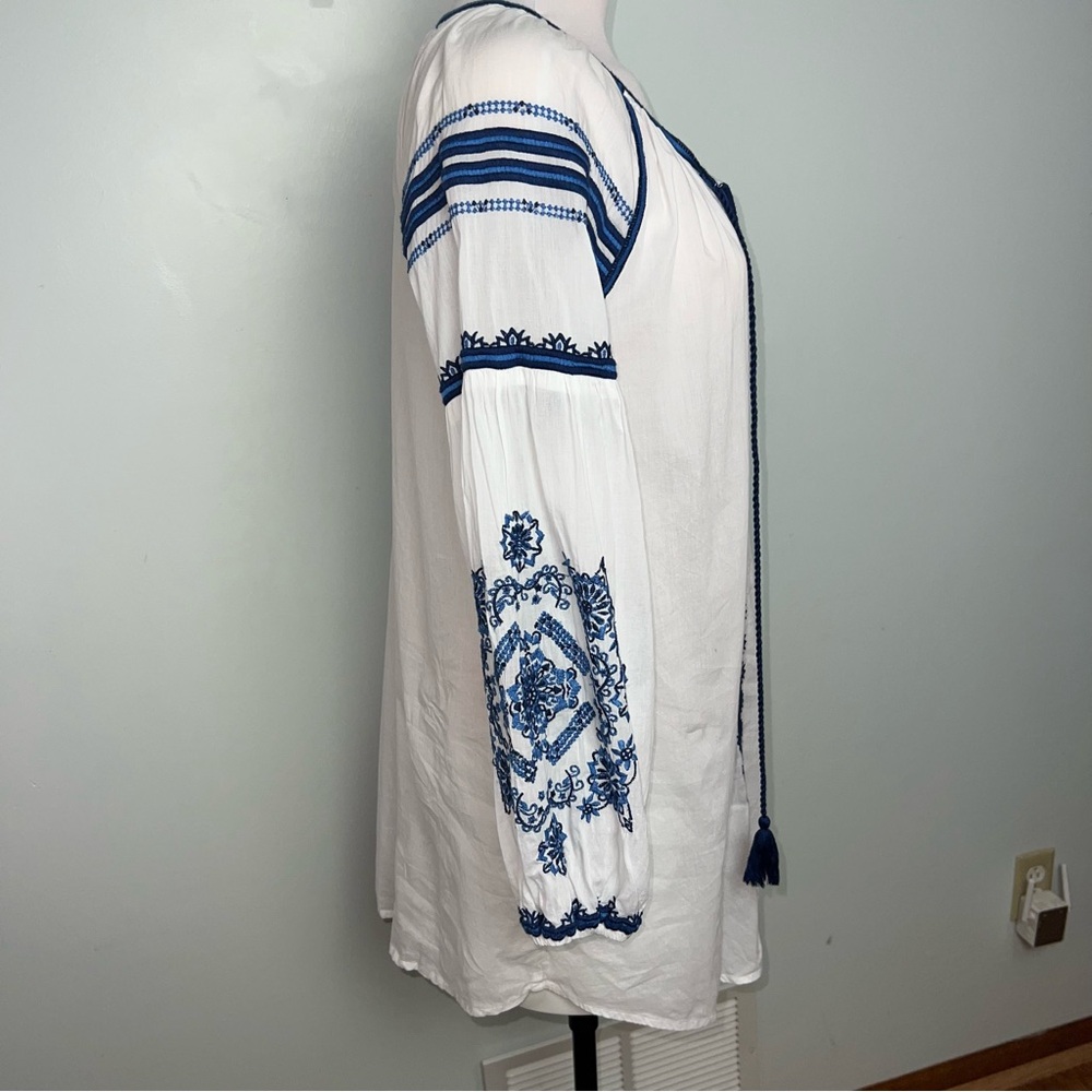 Blue Island White Blue Embroidered Cotton Swim Cover Tassel Boho Beach Tunic M - Picture 5 of 15